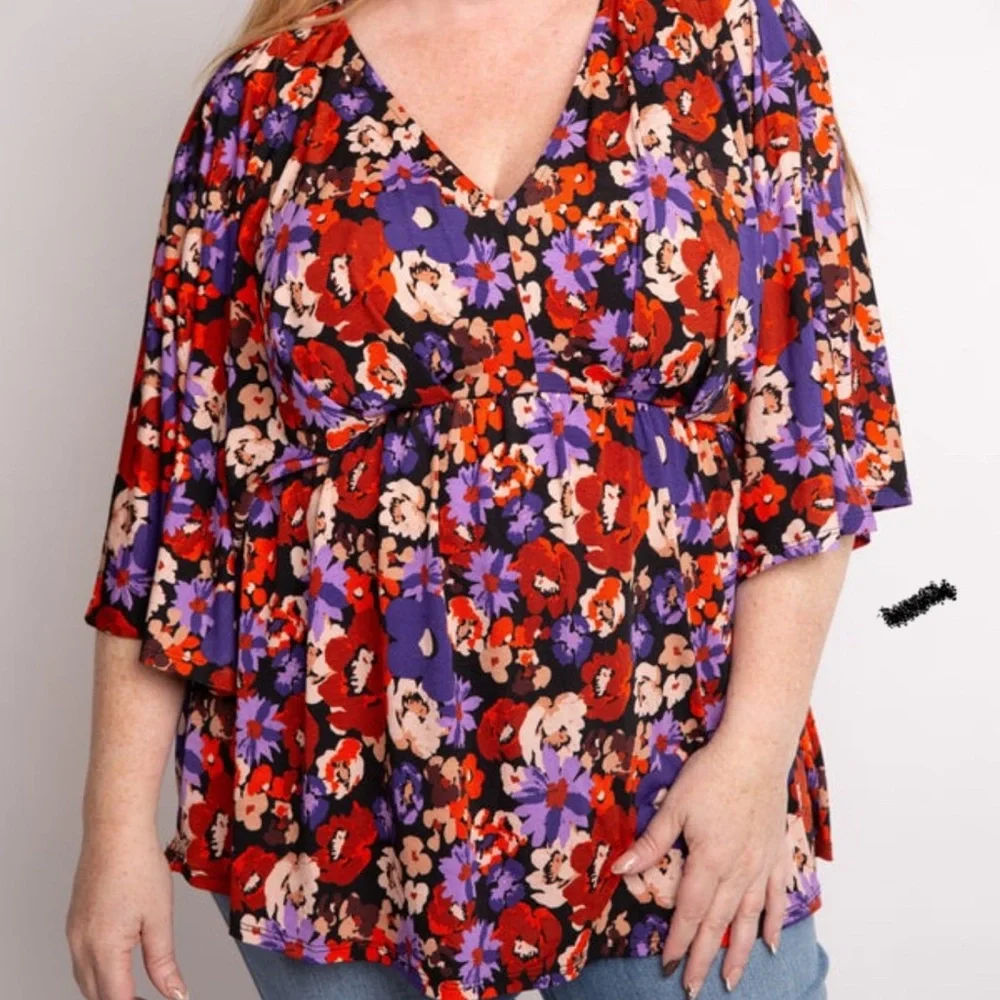 Beautiful Dreamer Style Floral V-Neck Blouse - Red and Purple - Picture 1 of 2